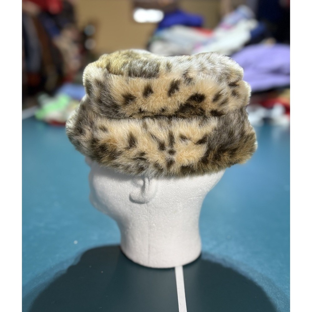 Vintage Leopard Print Faux Fur Bucket Hat‎ Brown Black Beige Women's One Size - Picture 4 of 7